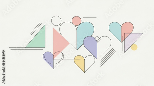 A modern artistic composition featuring several geometric pastel-colored hearts and abstract shapes interconnected with thin lines on a clean light background, suggesting unity and balance.