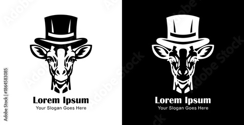 Logo design in the shape of a giraffe head wearing a magician's hat