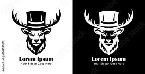 Logo design in the form of a deer head wearing a magician's hat