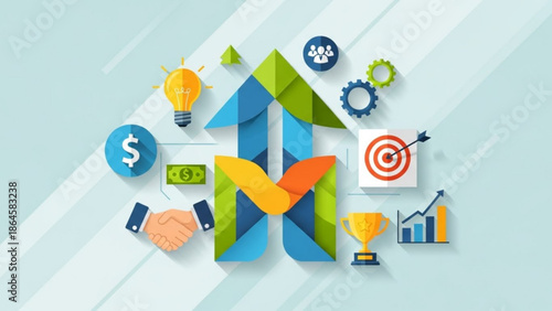 A vibrant, multi-colored abstract upward arrow structure of geometric shapes represents business success and growth, surrounded by icons symbolizing strategy, finance, and teamwork.