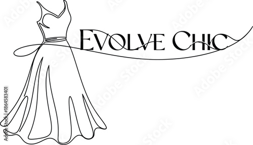 Minimalist one line drawing logo design featuring a flowing dress silhouette next to the elegant text evolve chic