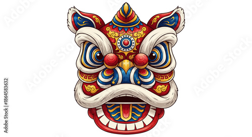 Vibrant Chinese Lion Dance Head Illustration Symbolizing Prosperity and Cultural Celebration for Lunar New Year Festivities and Auspicious Events