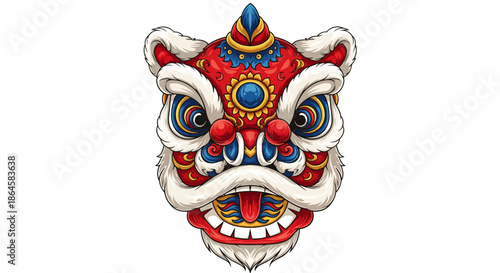 Vibrant and intricately detailed traditional lion dance head illustration, embodying the spirit of joyous cultural celebrations, prosperity, and festive occasions