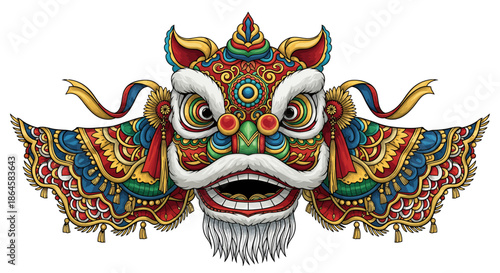Vibrant Chinese Lion Dance Head Decoration with Traditional Ornate Details and Rich Colors