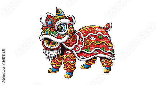Vibrant traditional Chinese lion dance illustration, capturing the festive spirit of cultural celebrations and new year festivities with rich colors and details