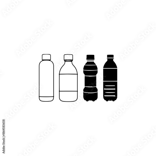 
Plastic bottle icon set. Black plastic bottle symbol in line style. Mineral water bottles icons collection, vector illustration 