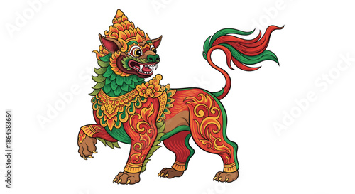 Vibrantly colored mythical guardian lion from Southeast Asian folklore, richly adorned with traditional patterns and golden accents, embodying strength and cultural heritage in a stunning illustration