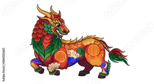 Vibrant illustration of a majestic mythical creature, blending dragon and horse features with intricate patterns, symbolizing good fortune and power in a traditional cultural art style