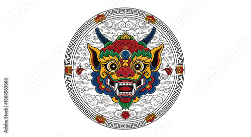 Decorative Tibetan Mask Motif Featuring a Mythical Creature with Vibrant Colors and Intricate Designs