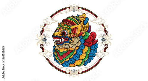 Intricate Balinese mythical creature head illustration, a vibrant cultural art piece with a majestic crown, embodying ancient folklore and spiritual symbolism