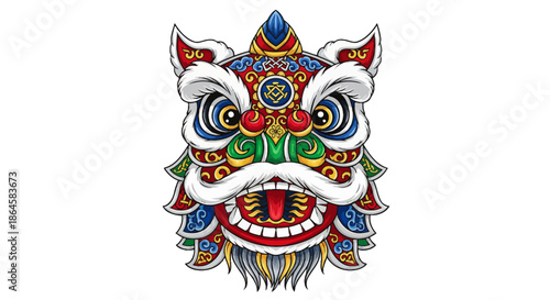 Vibrant Traditional Chinese Lion Dance Head Illustration with Ornate Details
