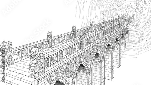 Detailed black and white line art drawing of an ornate ancient stone bridge featuring carved dragon statues leading toward a swirling vortex effect.