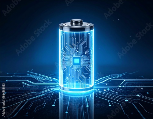 Glowing battery with circuit board, neon blue on dark background
