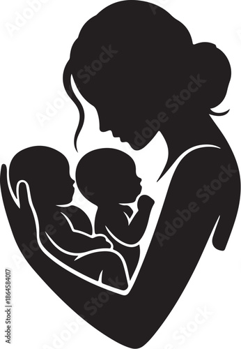 Black silhouette of woman holding two babies in heart shape