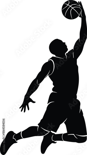 Basketball player silhouette jumping to score dunk shot, dynamic athletic sports action pose vector illustration isolated white background clean minimal