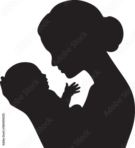 Black silhouette of woman kissing child on forehead