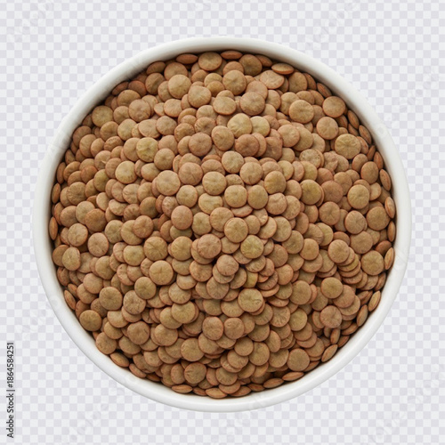 A top-down view of a white bowl filled with nutritious brown lentils, an essential protein-packed legume for healthy soups, stews, and vegan meals.
