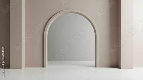 The minimalist interior with soft architectural curves, a neutral color palette of cream and white, creates a calm, elegant and modern atmosphere with subtle lighting.