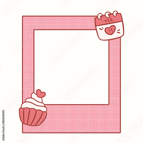A cute hand-drawn flat illustration featuring a heart-shaped frame, love letter, and cupcake accents in a soft pink aesthetic. Designed as a romantic decorative border with empty space for photos or m