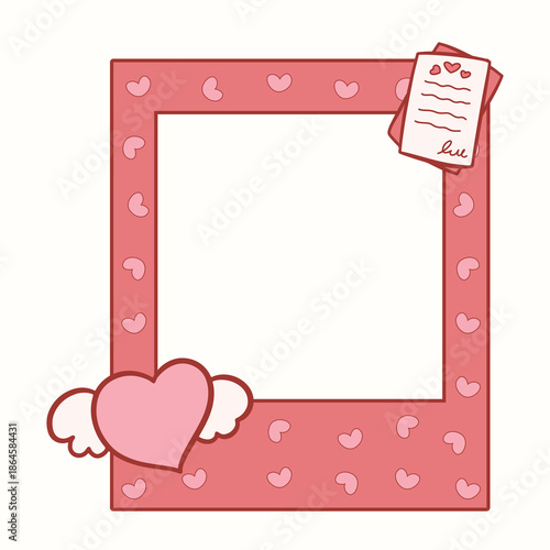 A cute hand-drawn flat illustration featuring a heart-shaped frame, love letter, and cupcake accents in a soft pink aesthetic. Designed as a romantic decorative border with empty space for photos or m