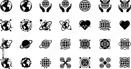 Global icon set, black and white planet symbols, environmental care vector, science and health graphics, stylized Earth illustrations, connectivity concept art
