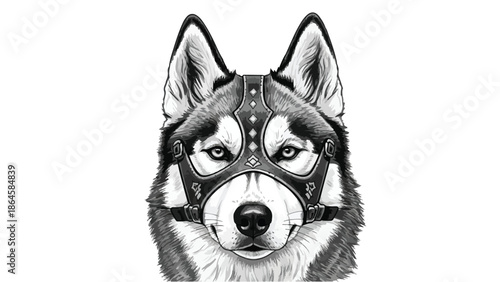 Symmetrical portrait of a husky dog in harness