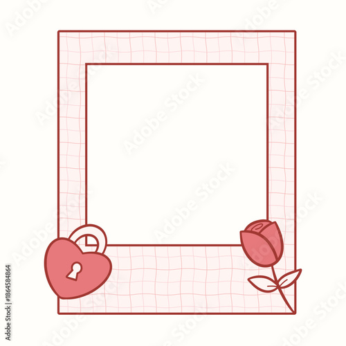 A cute hand-drawn flat illustration featuring a heart-shaped frame, love letter, and cupcake accents in a soft pink aesthetic. Designed as a romantic decorative border with empty space for photos or m