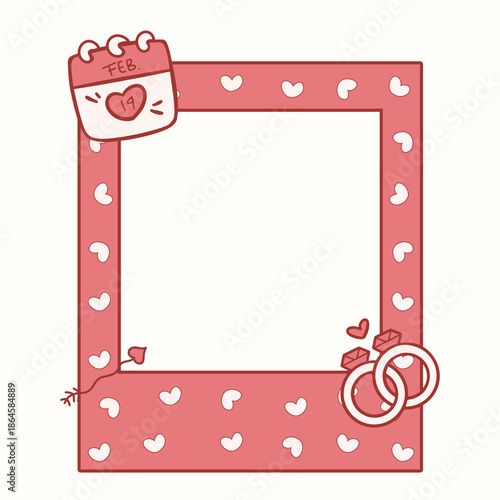 A cute hand-drawn flat illustration featuring a heart-shaped frame, love letter, and cupcake accents in a soft pink aesthetic. Designed as a romantic decorative border with empty space for photos or m