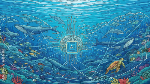 Artificial intelligence visualized as a central processing chip connecting and monitoring diverse marine life underwater in a complex digital network
