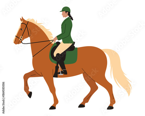 Equestrian rider in green jacket on a brown horse, trotting outdoors