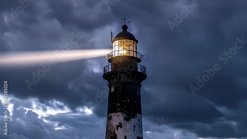 Dramatic Lighthouse Beam Cutting Through Stormy Evening Sky.