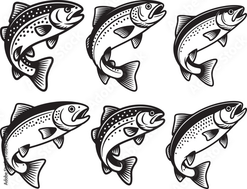 Set of Jumping Rainbow Trout Fish Silhouette Vector Illustration