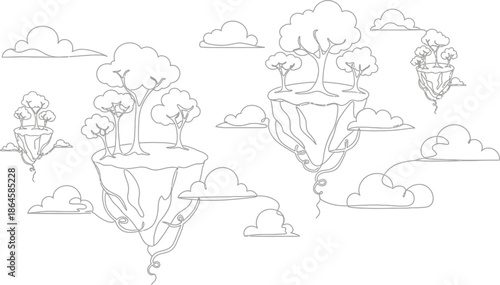 Enchanting collection of floating islands with stylized trees and whimsical clouds drawn in a continuous single line art style