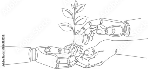 Conceptual continuous line drawing illustrating a delicate transfer of a growing seedling between a robotic hand and a human hand symbolizing collaboration