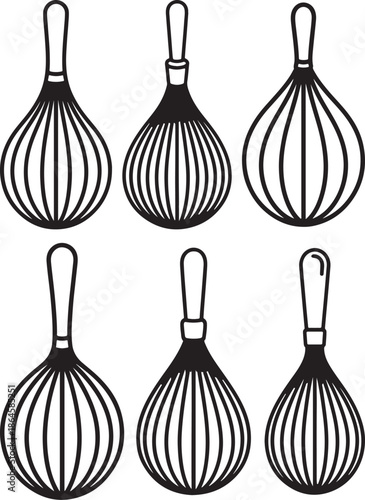 Set of Kitchen Whisk Line Art Coloring Book Page Outline Vector Illustration