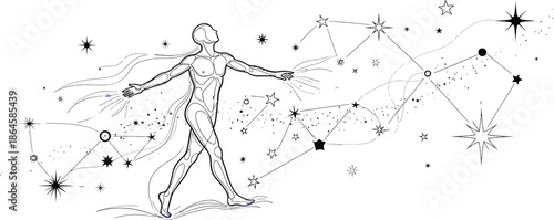 Stylized line art illustration depicts a human figure connecting with the cosmic energy of a constellation pattern across a bright background.