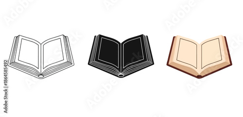Open Books Illustration Vector Set in Three Styles — Line Art, Silhouette and Color Version for Islamic Design, App UI, Posters and Branding