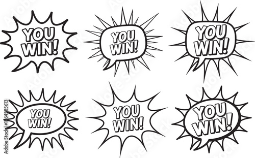 Set of You Win Comic Speech Bubble Burst Effect Line Art Coloring Book Page Outline Vector Illustration