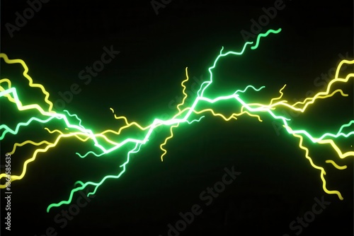 Bright Green and Yellow Lightning Strikes on Black Background