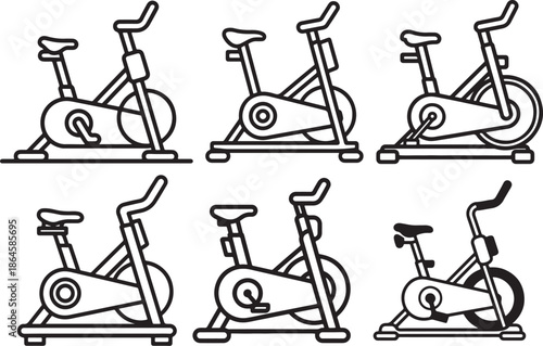 Set of Stationary Bike Line Art Coloring Book Page Outline Vector Illustration