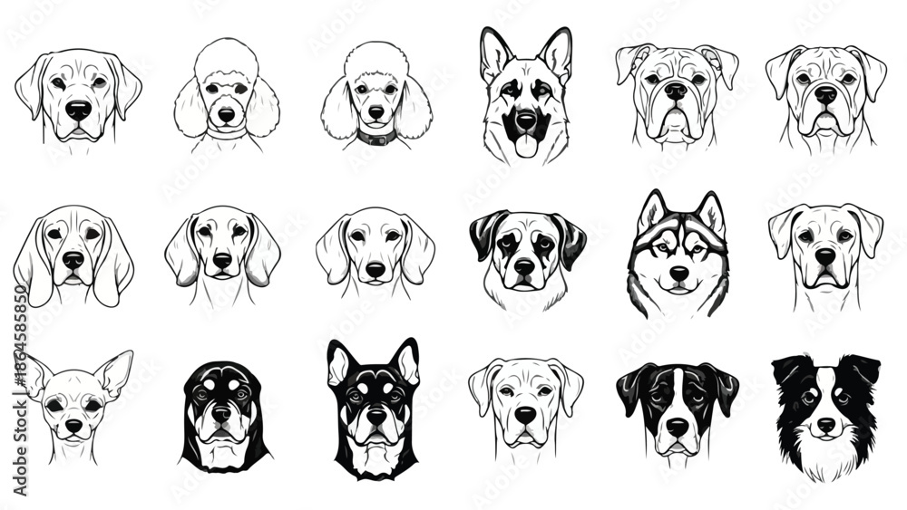 Fototapeta premium Collection of diverse dog breed face icons