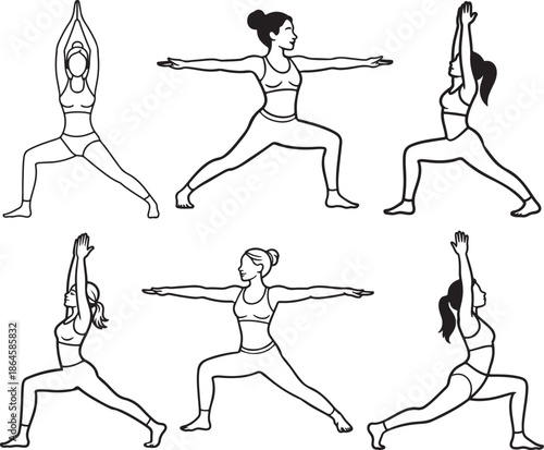 Set of Woman in Yoga Tree Pose Line Art Coloring Book Page Outline Vector Illustration