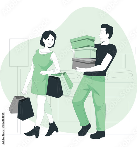 Man and woman walking together carrying shopping bags and boxes in a modern environment