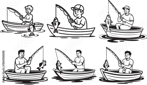 Set of Man Fishing from Boat with Caught Fish Line Art Coloring Book Page Outline Vector Illustration