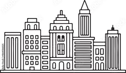 Cityscape with Buildings Line Art Coloring Book Page Outline Vector Illustration
