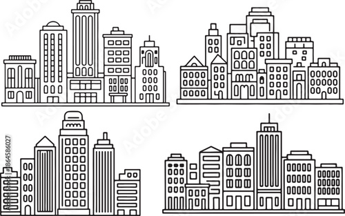 Set of Cityscape with Buildings Line Art Coloring Book Page Outline Vector Illustration