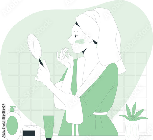 Woman enjoying a serene morning skincare routine in a peaceful bathroom setting