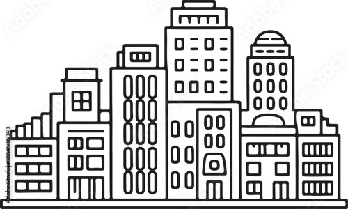 Cityscape with Buildings Line Art Coloring Book Page Outline Vector Illustration