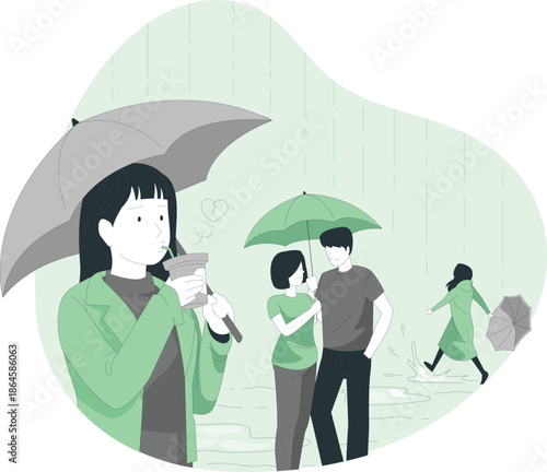 Couple Sharing Umbrella on Rainy Day Illustration