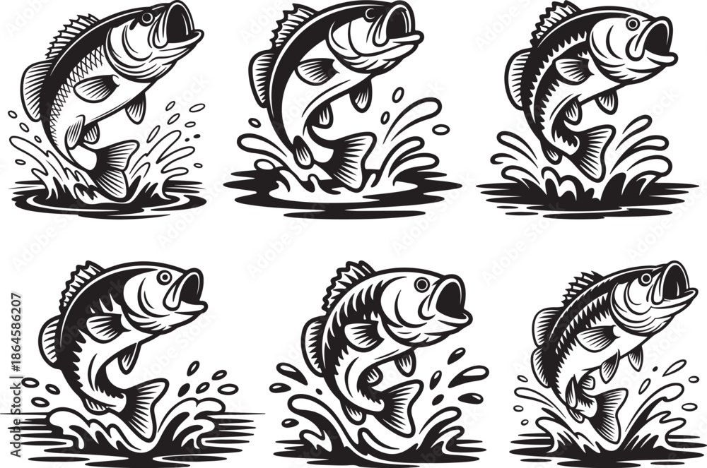 Fototapeta premium Set of Large Bass Fish Leaping Out of Water Silhouette Vector Illustration